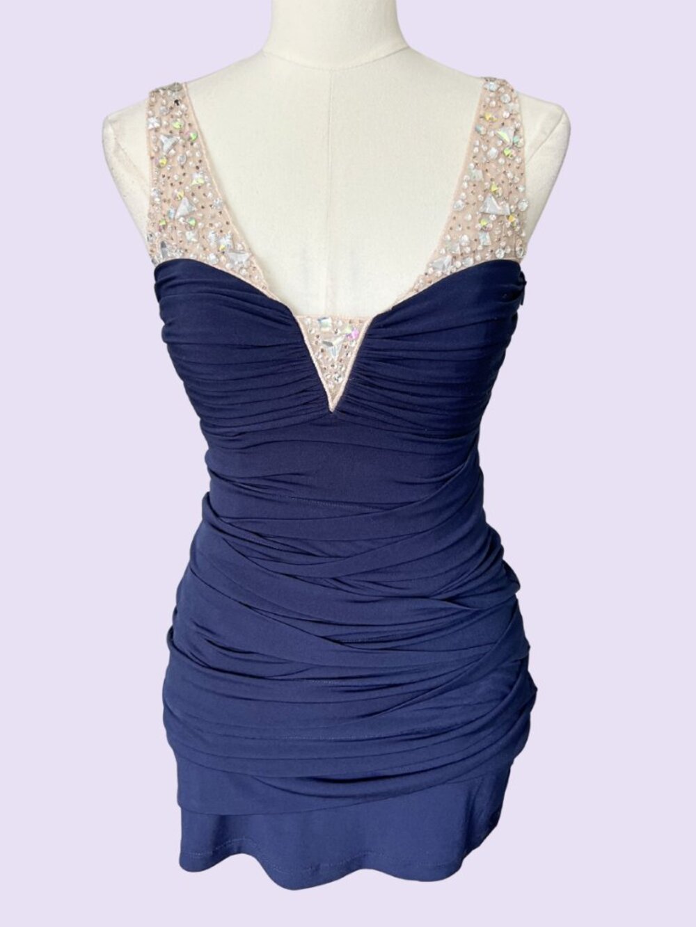 Y2K Navy Rhinestone Ruched Mini Dress